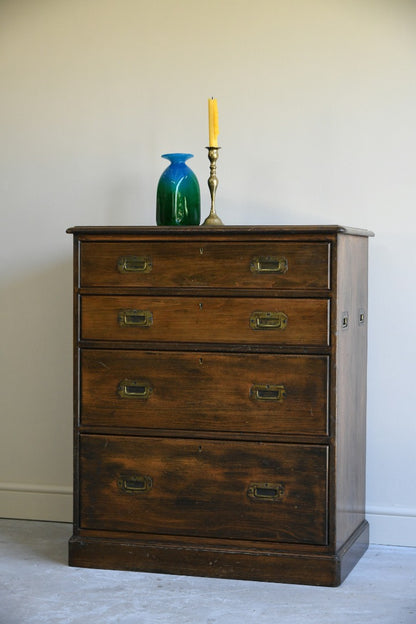 Stained Pine Campaign Style Chest of Drawers