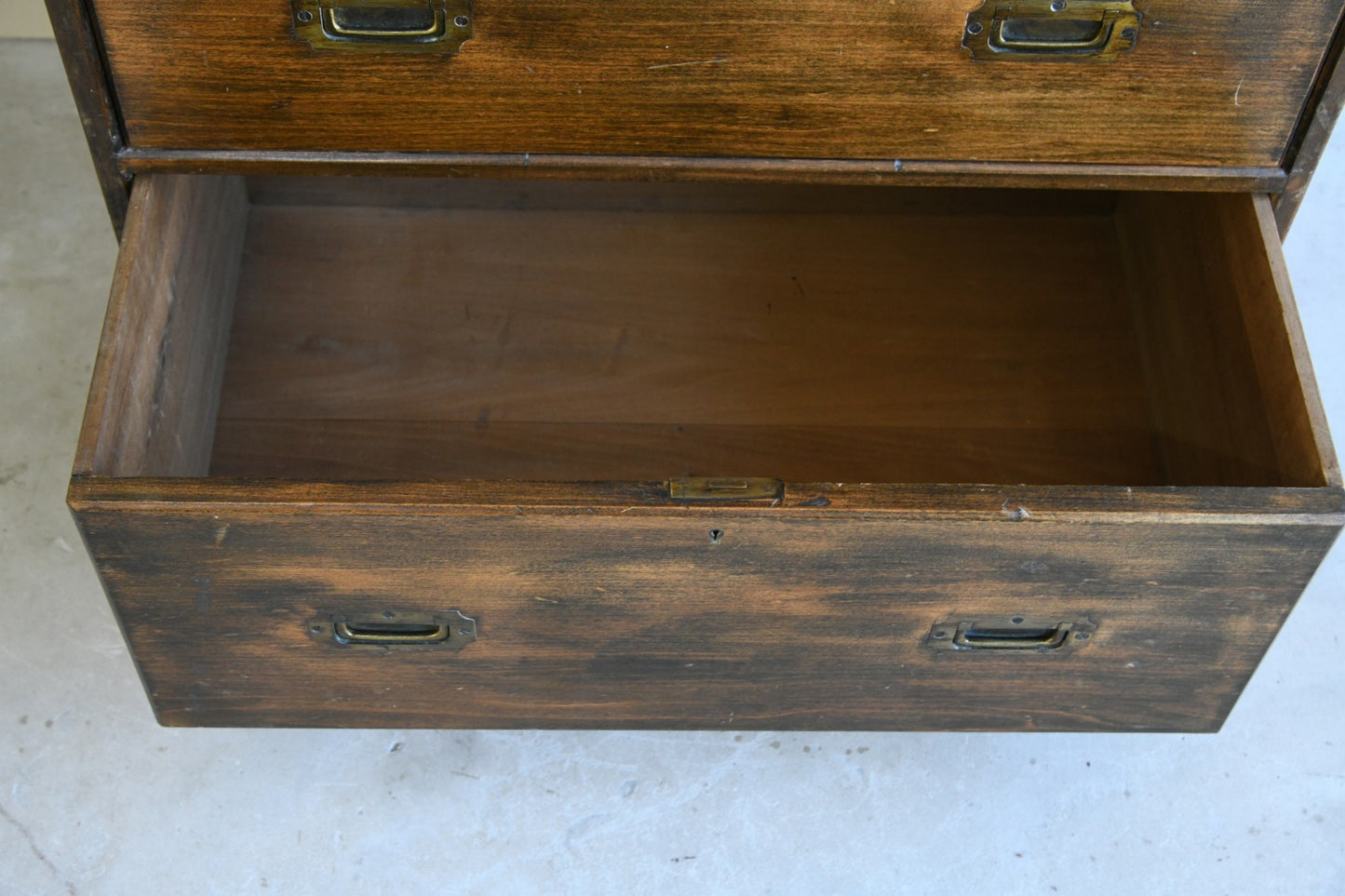 Stained Pine Campaign Style Chest of Drawers