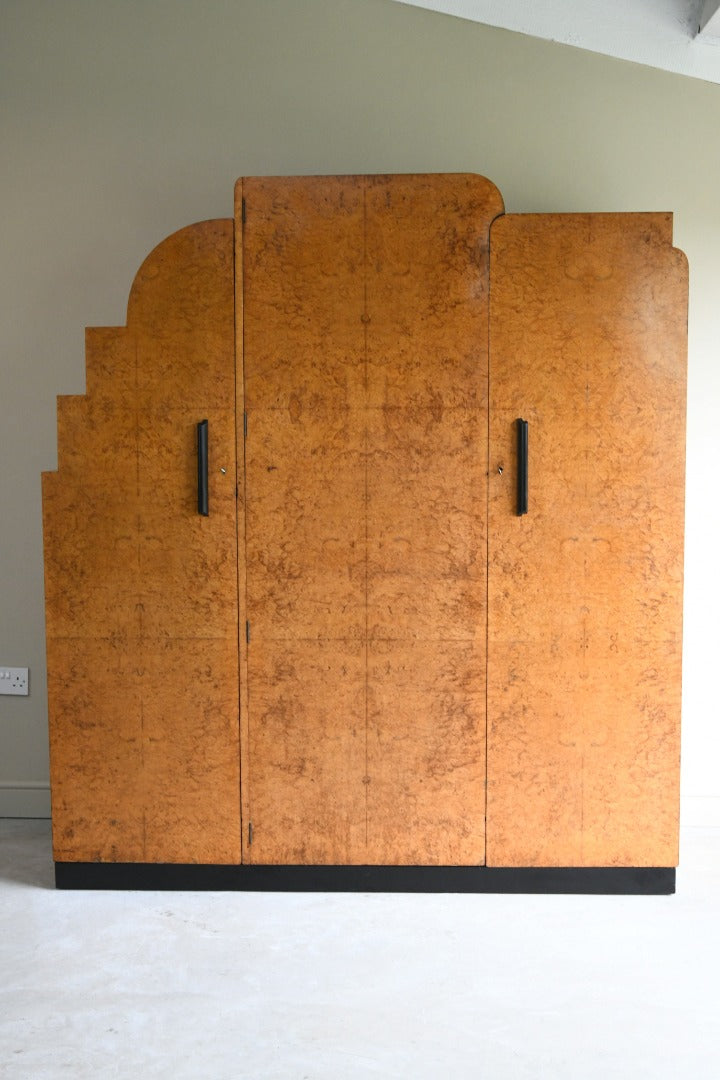 Antique Art Deco Burr Maple Triple Wardrobe