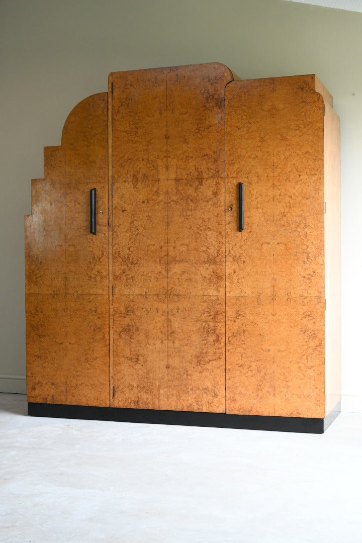 Antique Art Deco Burr Maple Triple Wardrobe