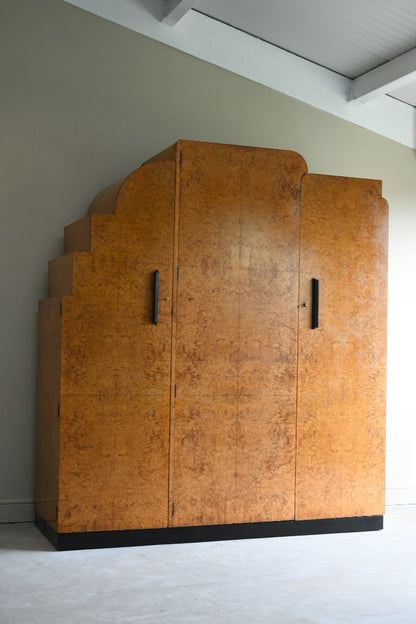 Antique Art Deco Burr Maple Triple Wardrobe