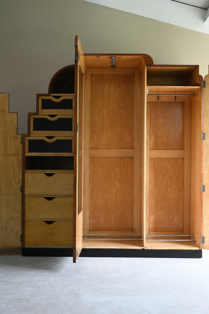 Antique Art Deco Burr Maple Triple Wardrobe