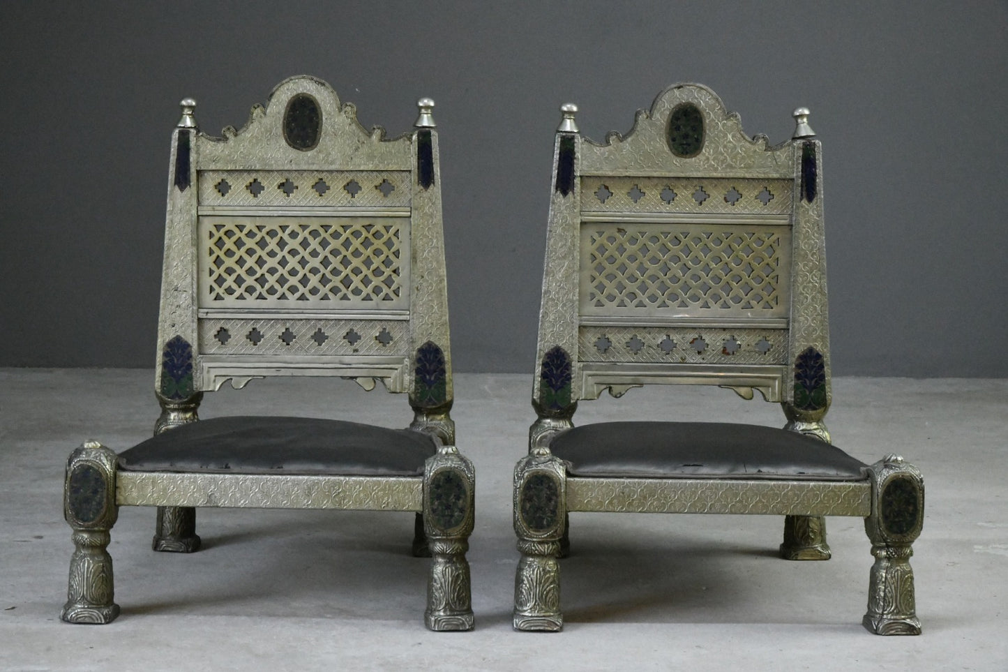 Pair Vintage Eastern Metal Clad Pidha Chairs