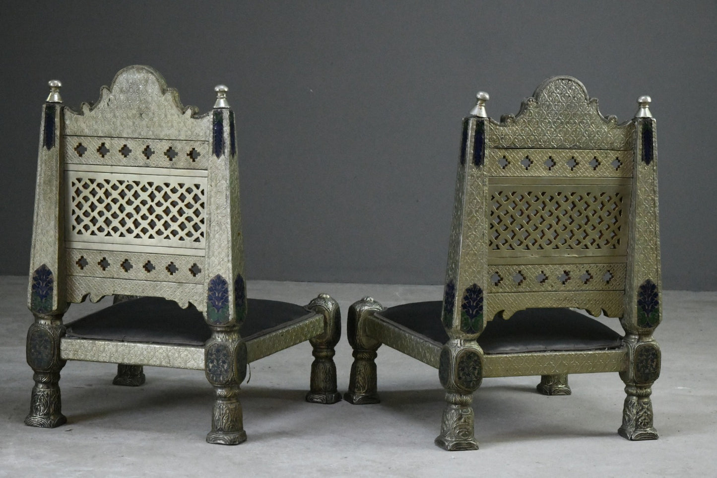 Pair Vintage Eastern Metal Clad Pidha Chairs