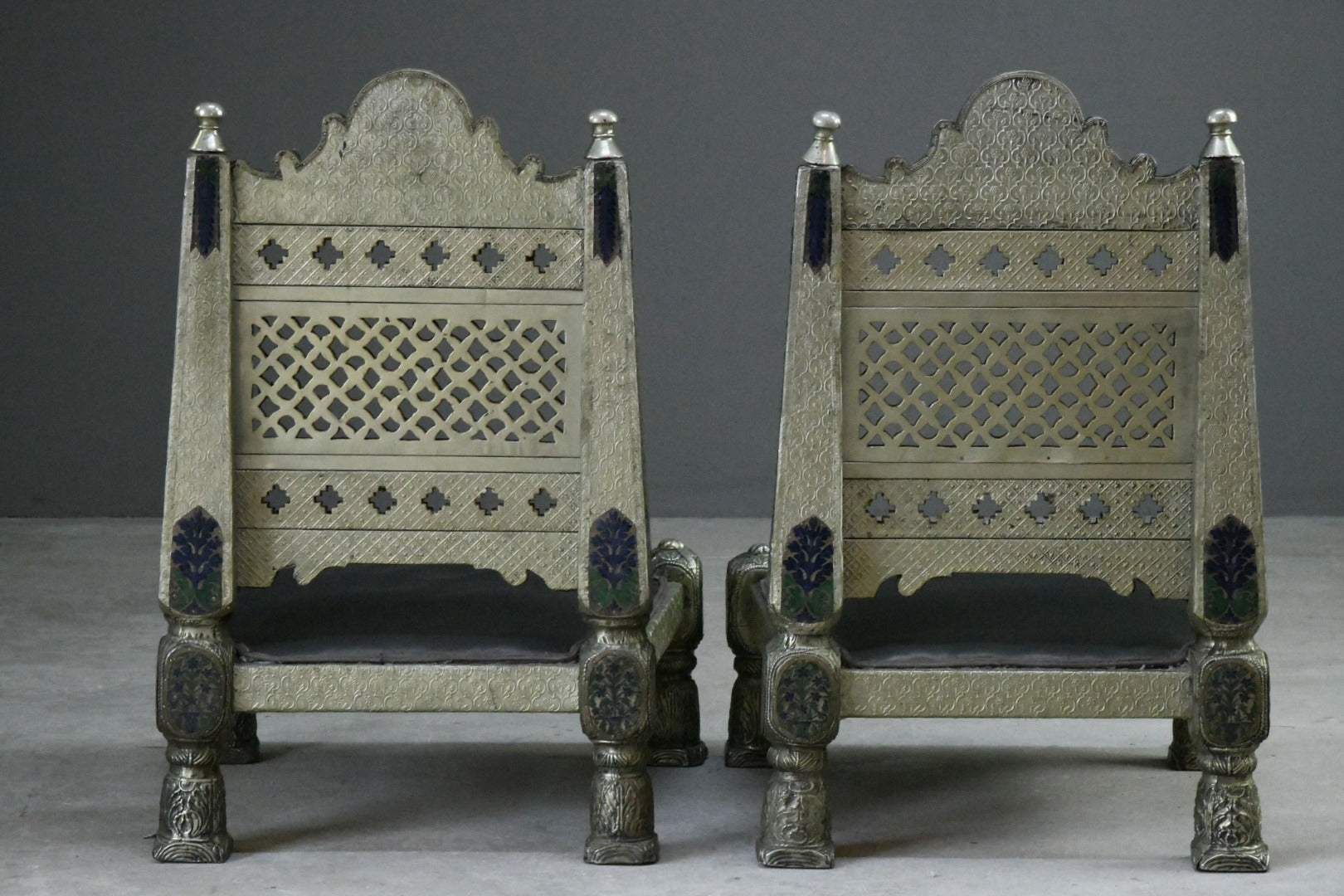 Pair Vintage Eastern Metal Clad Pidha Chairs