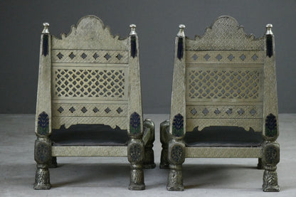 Pair Vintage Eastern Metal Clad Pidha Chairs