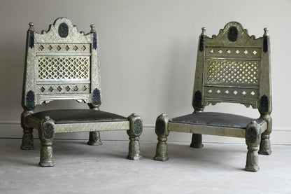 Pair Vintage Eastern Metal Clad Pidha Chairs