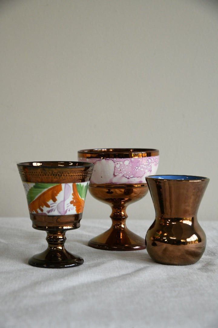 Copper Lustre Goblets & Small Vase