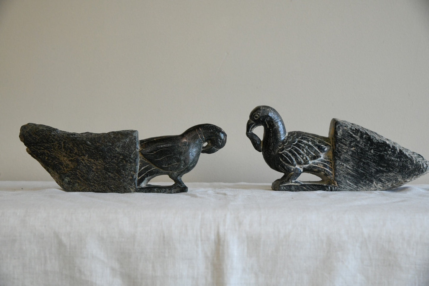 Pair Indian Carved Stone Birds