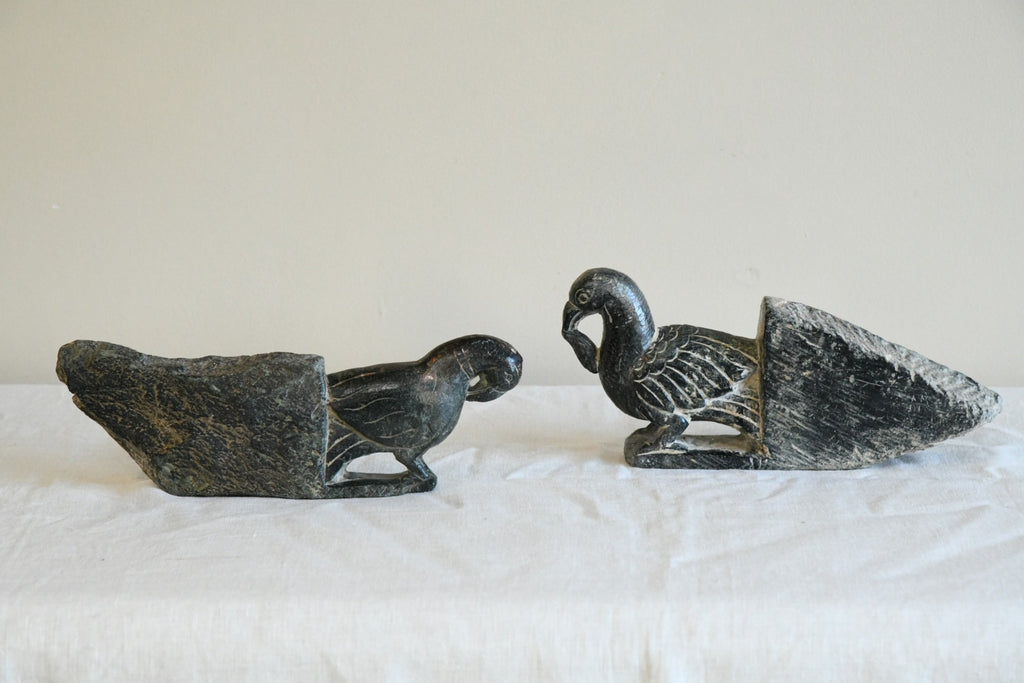 Pair Indian Carved Stone Birds