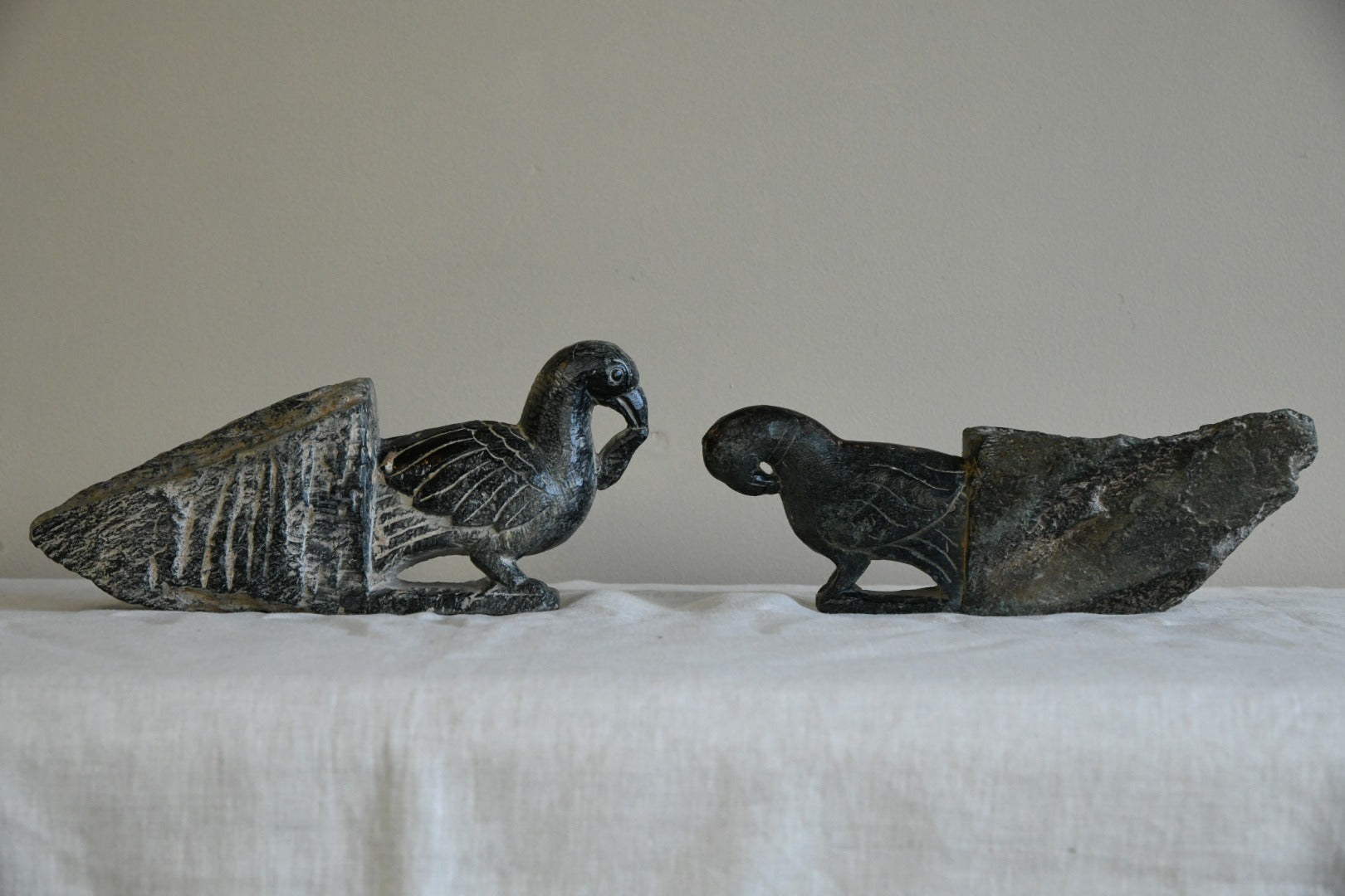 Pair Indian Carved Stone Birds