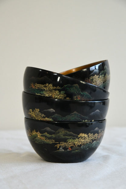4 Chinese Black Lacquer Bowls