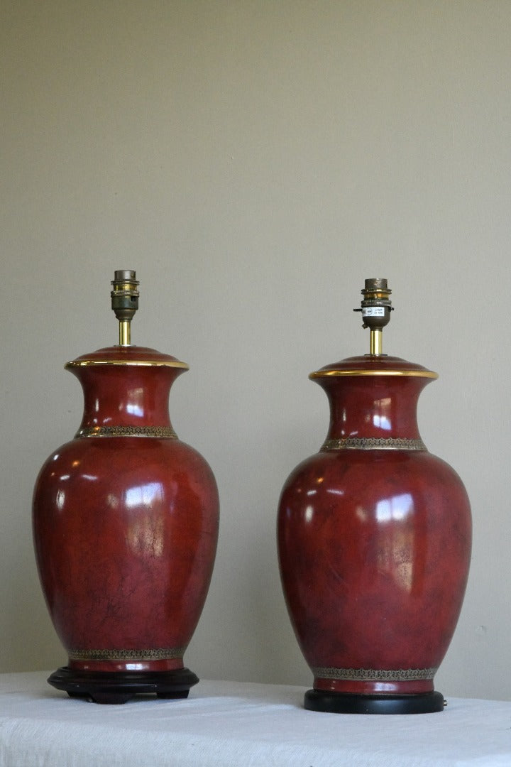 Pair Large Red Ceramic Oriental Style Lamps