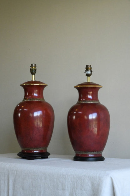 Pair Large Red Ceramic Oriental Style Lamps