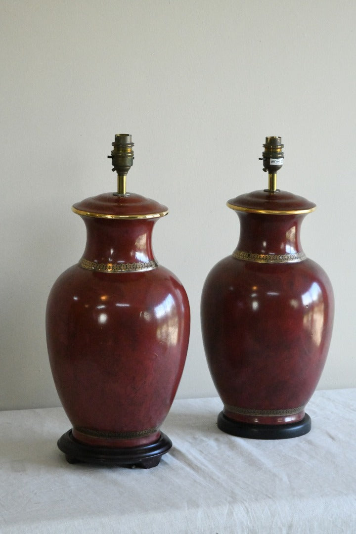 Pair Large Red Ceramic Oriental Style Lamps