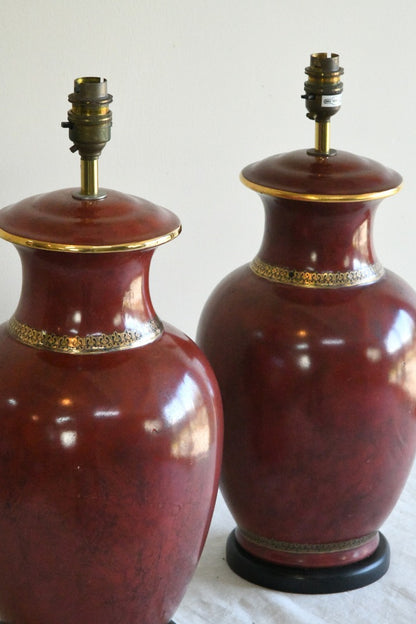 Pair Large Red Ceramic Oriental Style Lamps