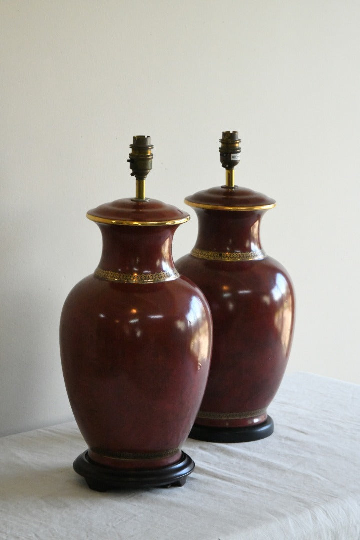 Pair Large Red Ceramic Oriental Style Lamps