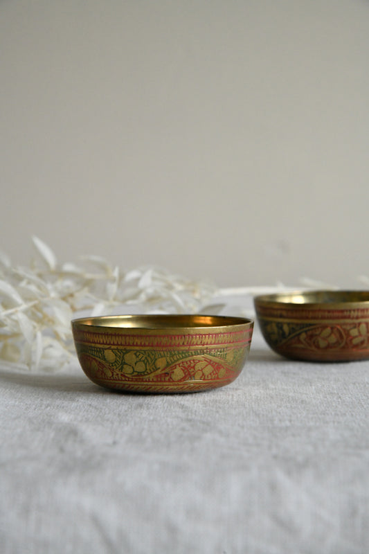 Pair Vintage Enamelled Brass Incense Bowls