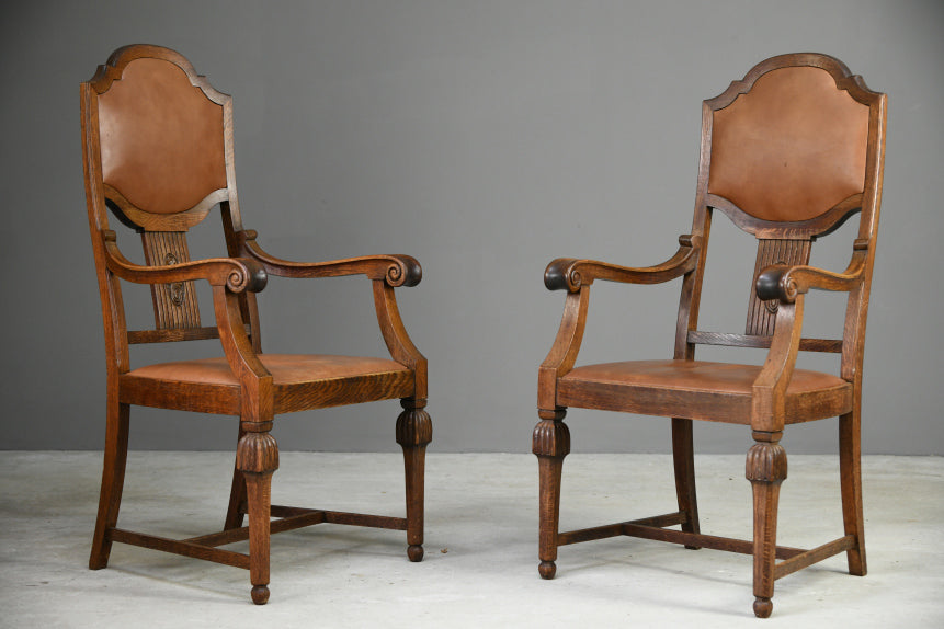 Pair 1930s Oak Carver Chairs