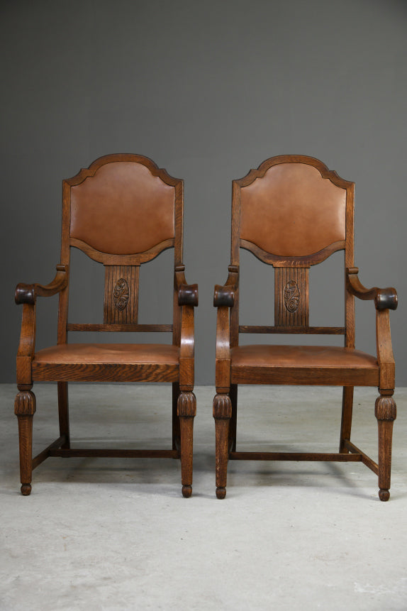 Pair 1930s Oak Carver Chairs