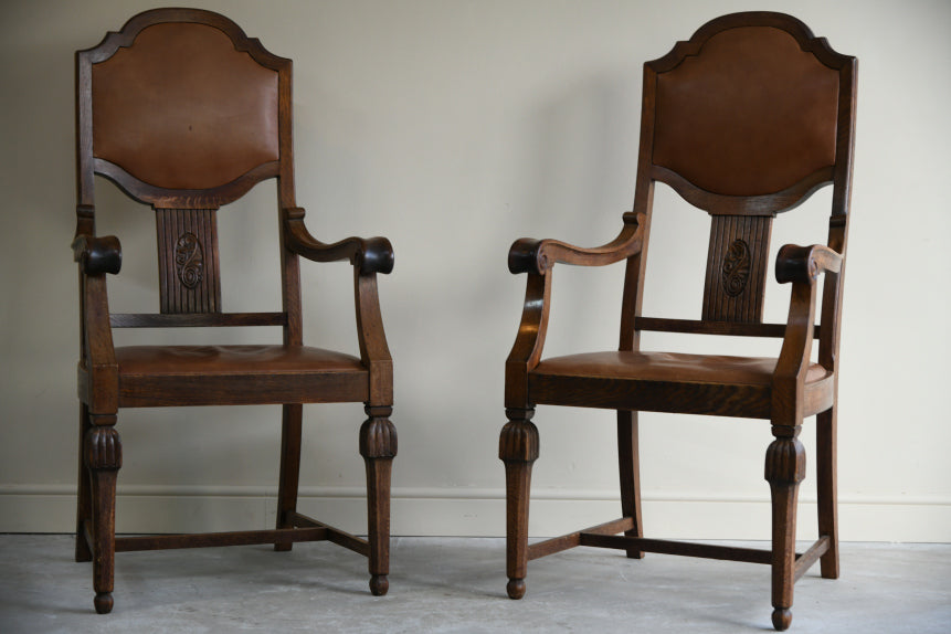 Pair 1930s Oak Carver Chairs