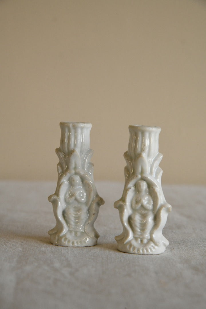 Pair Vintage White Small Candleholders