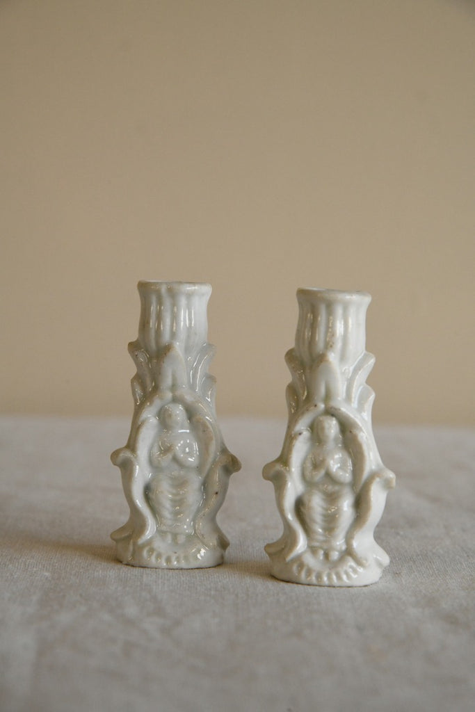 Pair Vintage White Small Candleholders