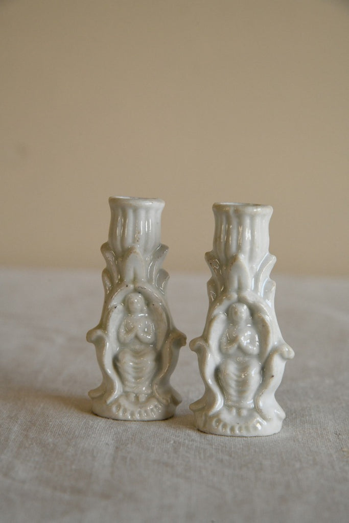 Pair Vintage White Small Candleholders