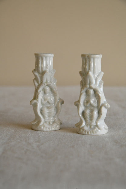 Pair Vintage White Small Candleholders