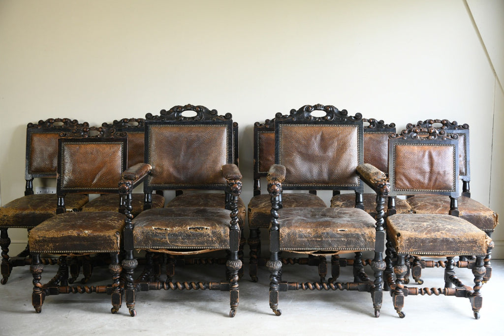 10 Victorian Oak & Leather Dining Chairs