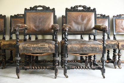 10 Victorian Oak & Leather Dining Chairs