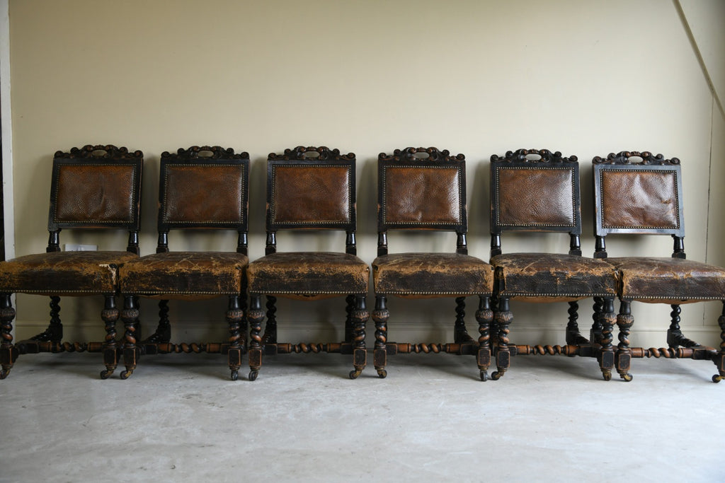 10 Victorian Oak & Leather Dining Chairs