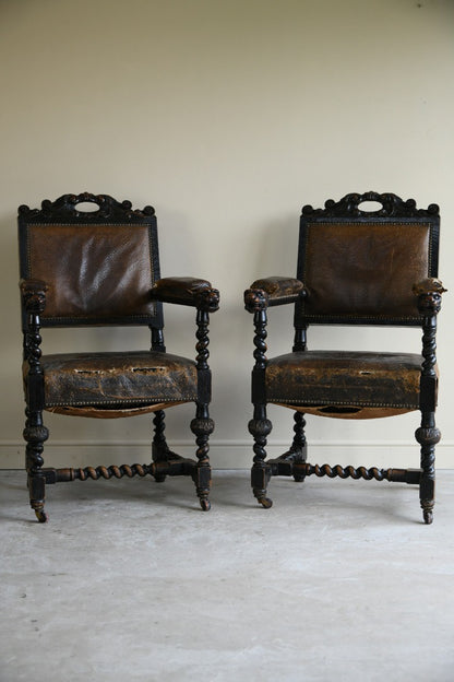 10 Victorian Oak & Leather Dining Chairs