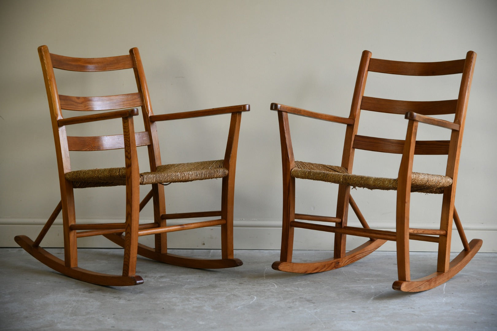 Pair Mid Century Pine Rocking Chairs