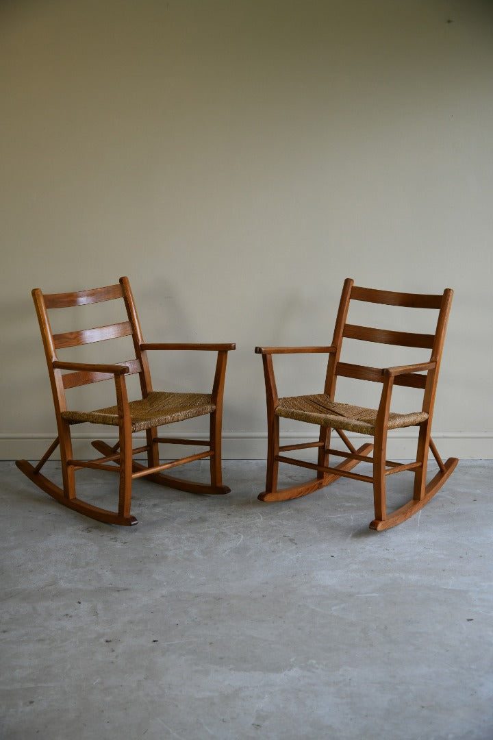 Pair Mid Century Pine Rocking Chairs