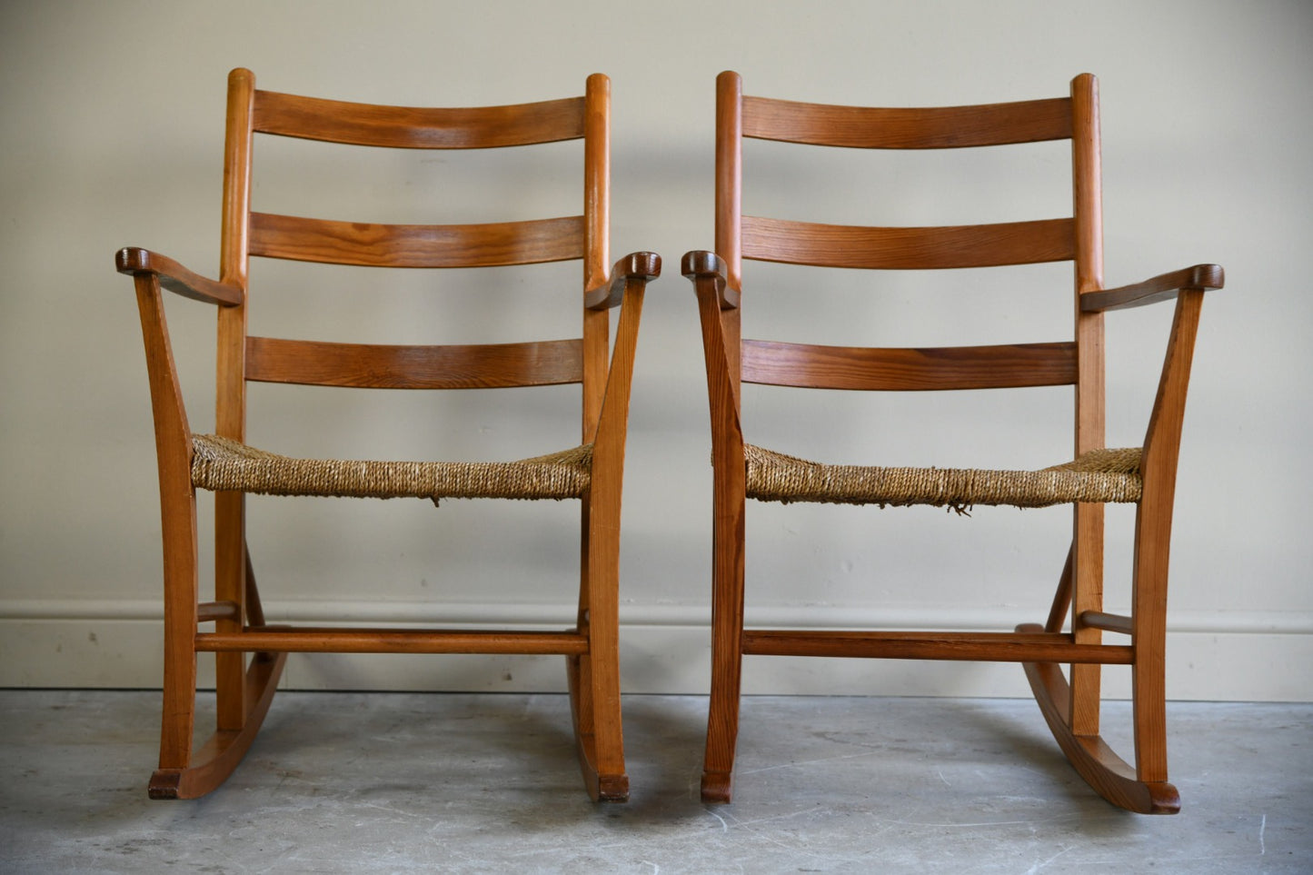 Pair Mid Century Pine Rocking Chairs