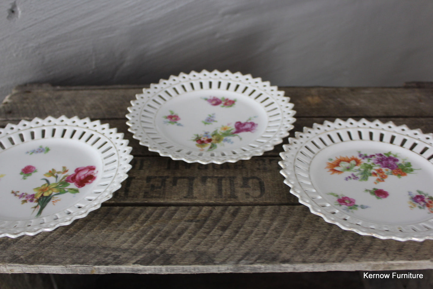 Set 6 Pierced China Floral Plates - Kernow Furniture