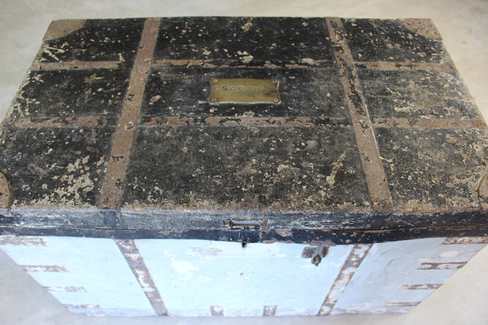 Large Antique Naval Travelling Trunk Rough Luxe - Kernow Furniture