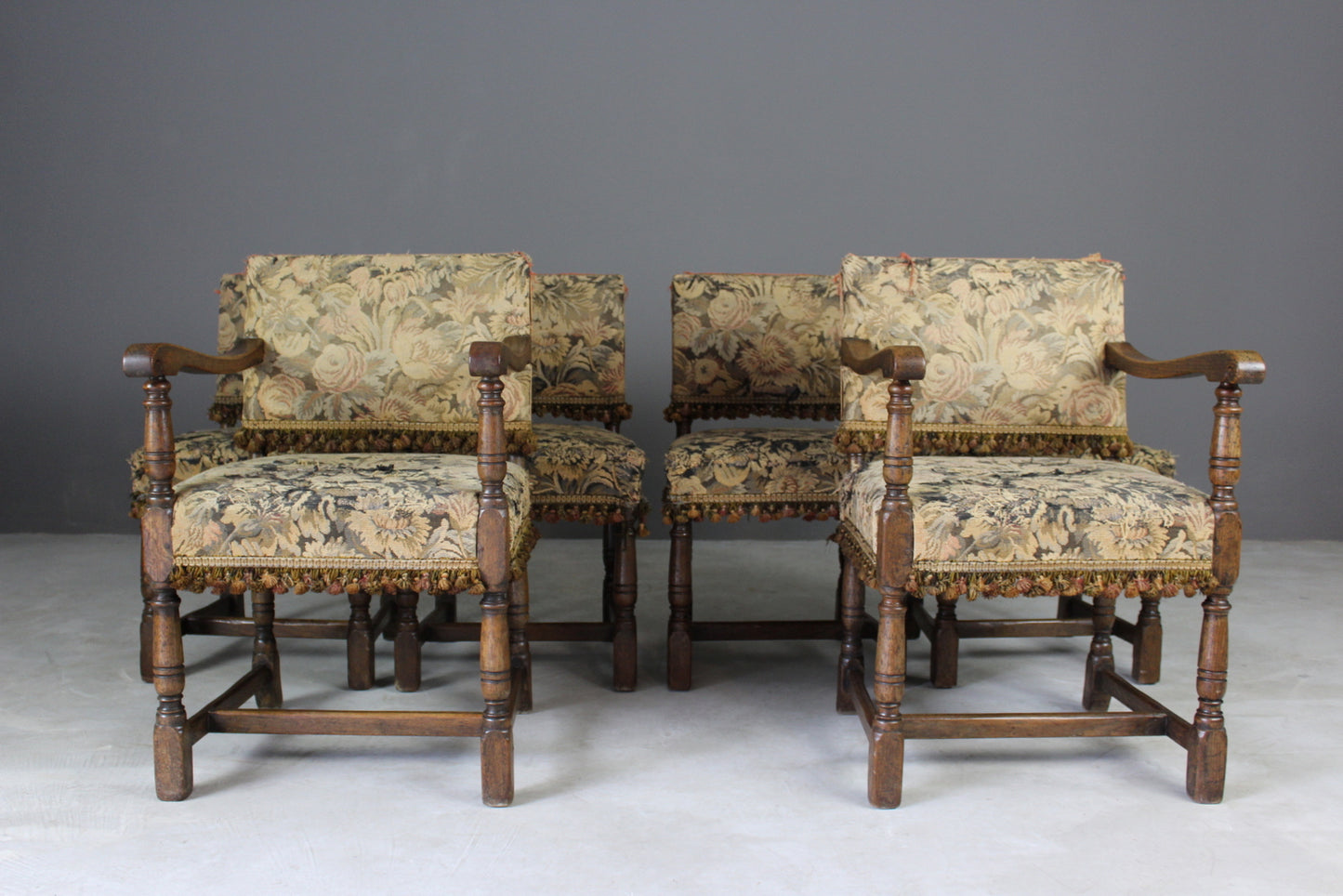 Set 6 17th Century Style Antique Oak Upholstered Dining Chairs - Kernow Furniture