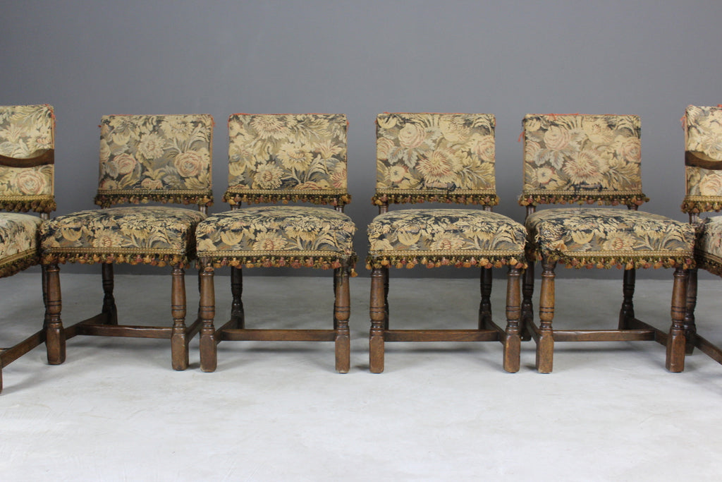 Set 6 17th Century Style Antique Oak Upholstered Dining Chairs - Kernow Furniture