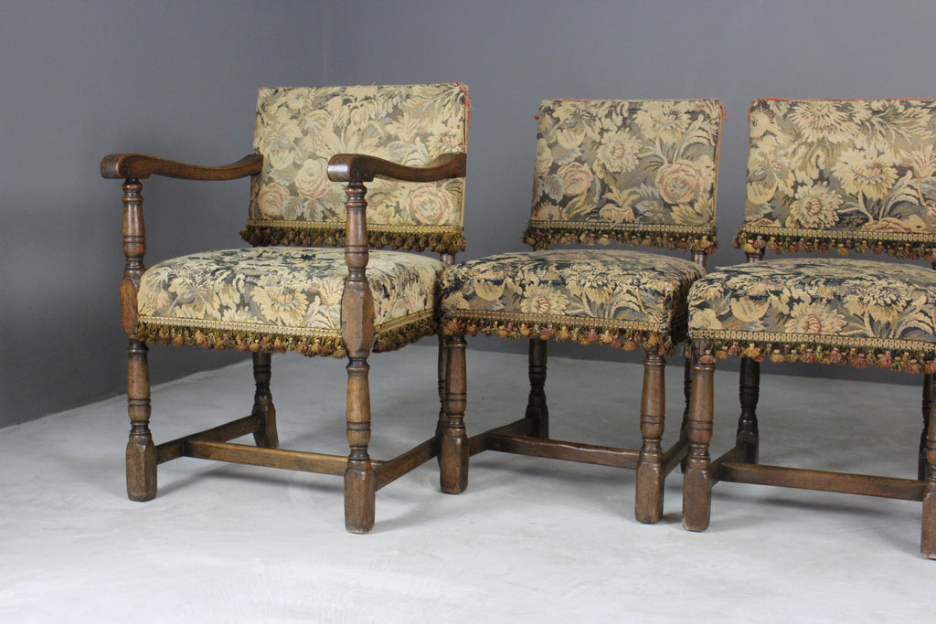 Set 6 17th Century Style Antique Oak Upholstered Dining Chairs - Kernow Furniture