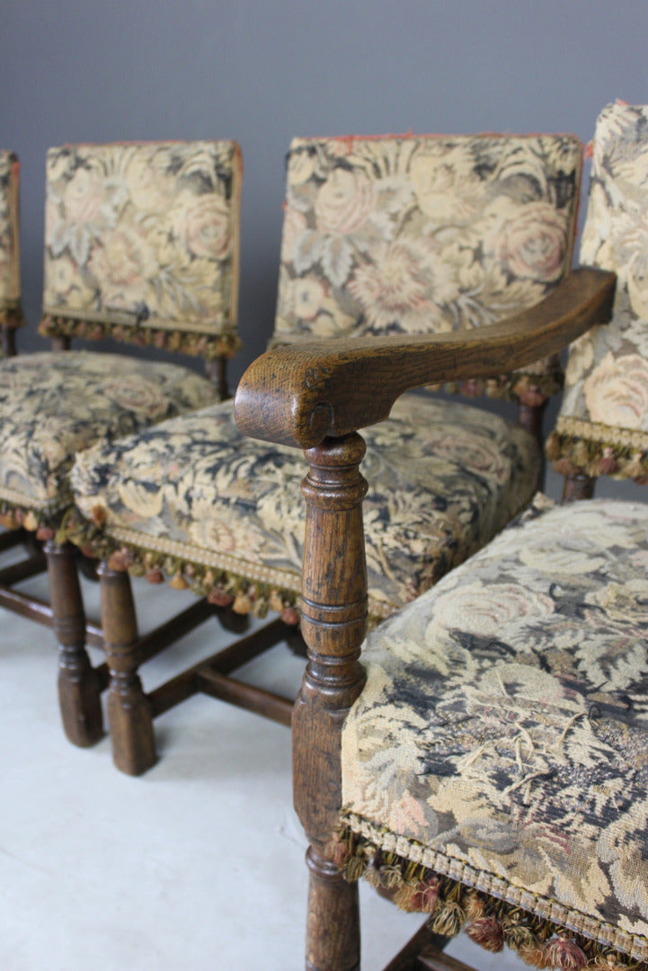 Set 6 17th Century Style Antique Oak Upholstered Dining Chairs - Kernow Furniture