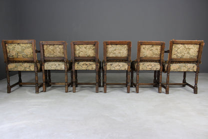 Set 6 17th Century Style Antique Oak Upholstered Dining Chairs - Kernow Furniture