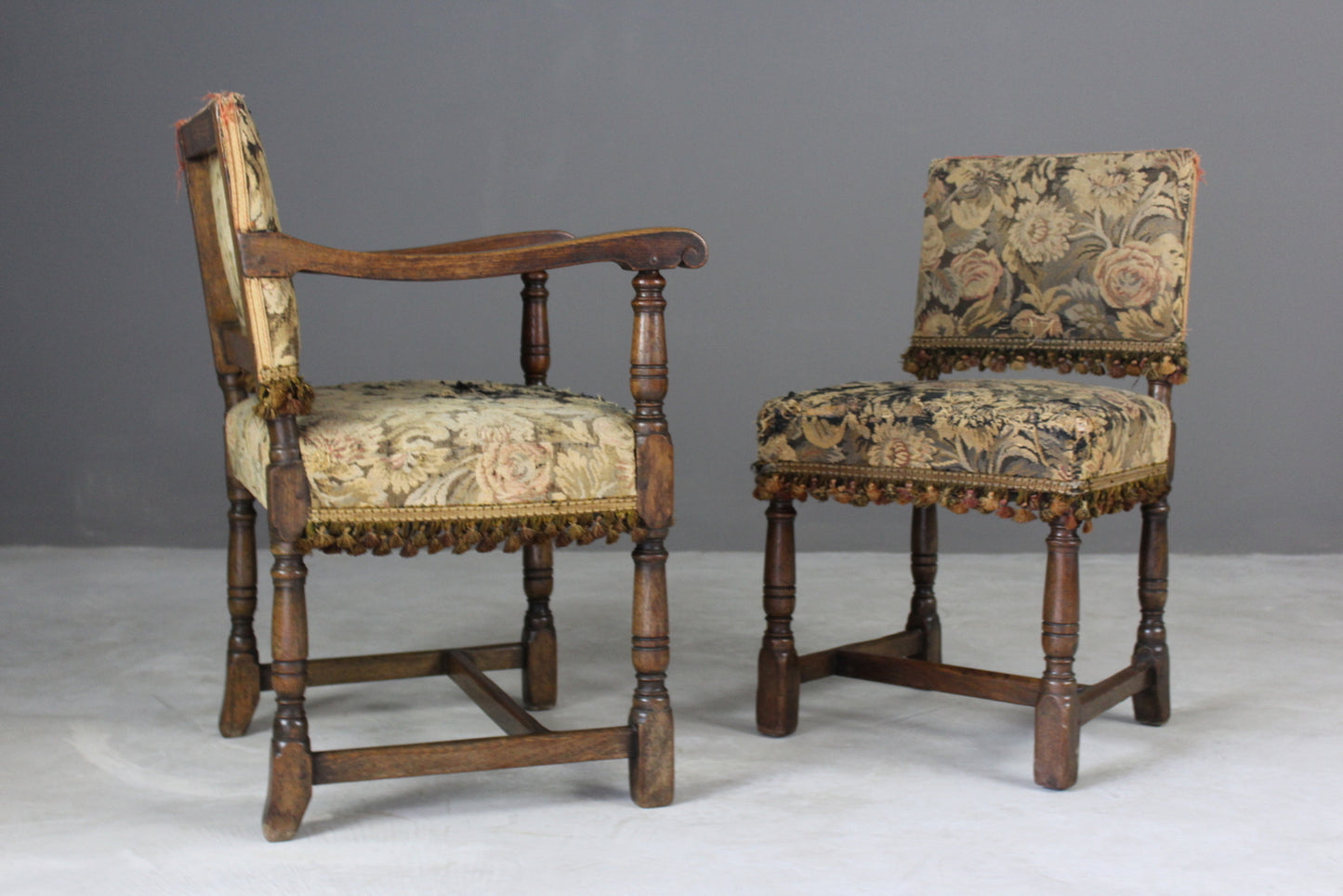 Set 6 17th Century Style Antique Oak Upholstered Dining Chairs - Kernow Furniture