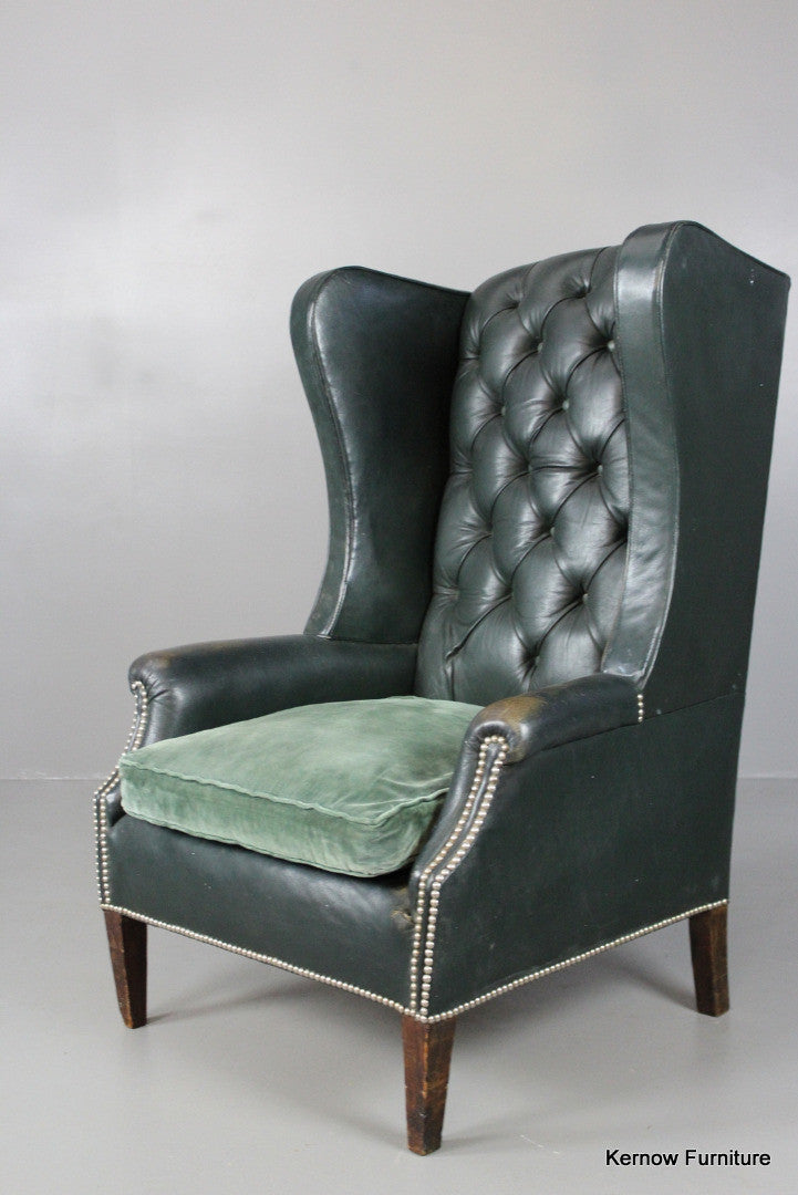 Early 20th Century Green Leather Button Back Armchair - Kernow Furniture