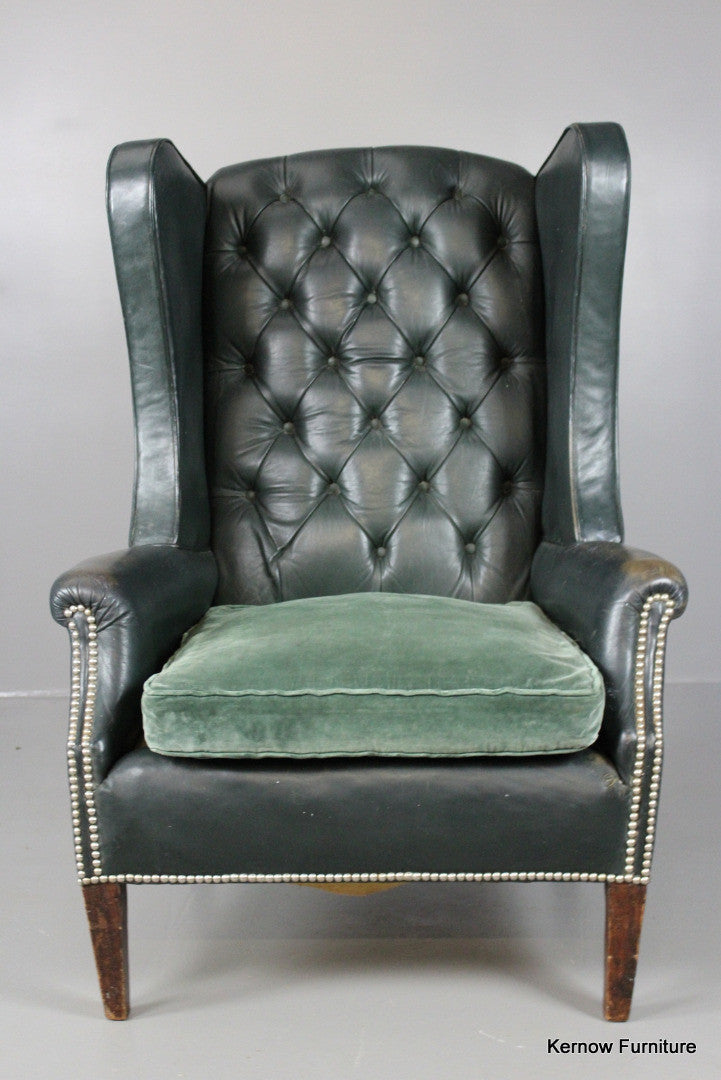 Early 20th Century Green Leather Button Back Armchair - Kernow Furniture