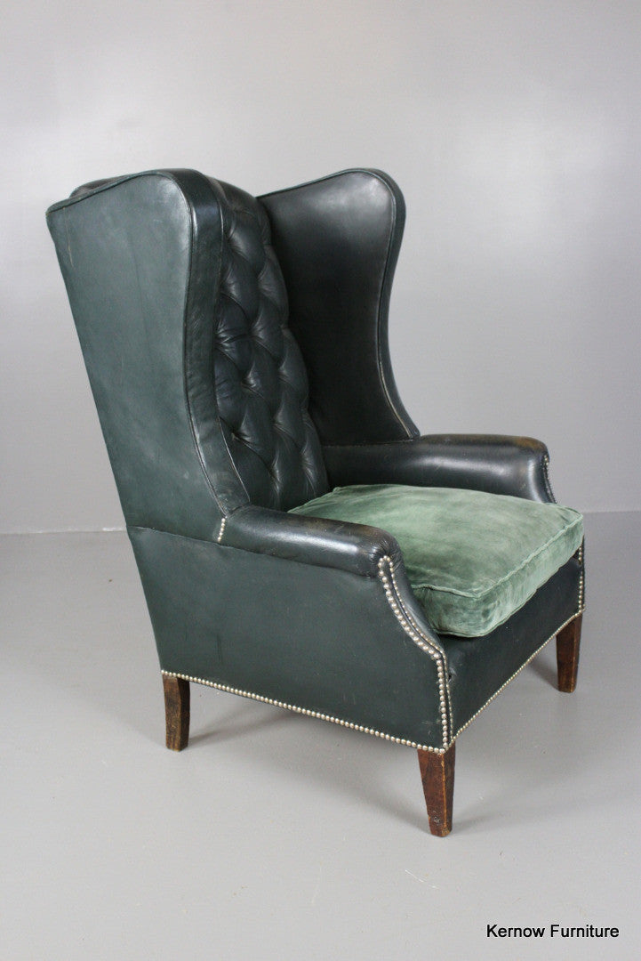 Early 20th Century Green Leather Button Back Armchair - Kernow Furniture