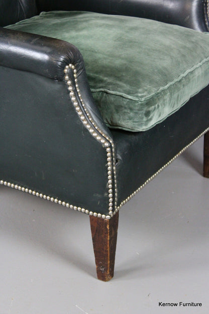 Early 20th Century Green Leather Button Back Armchair - Kernow Furniture