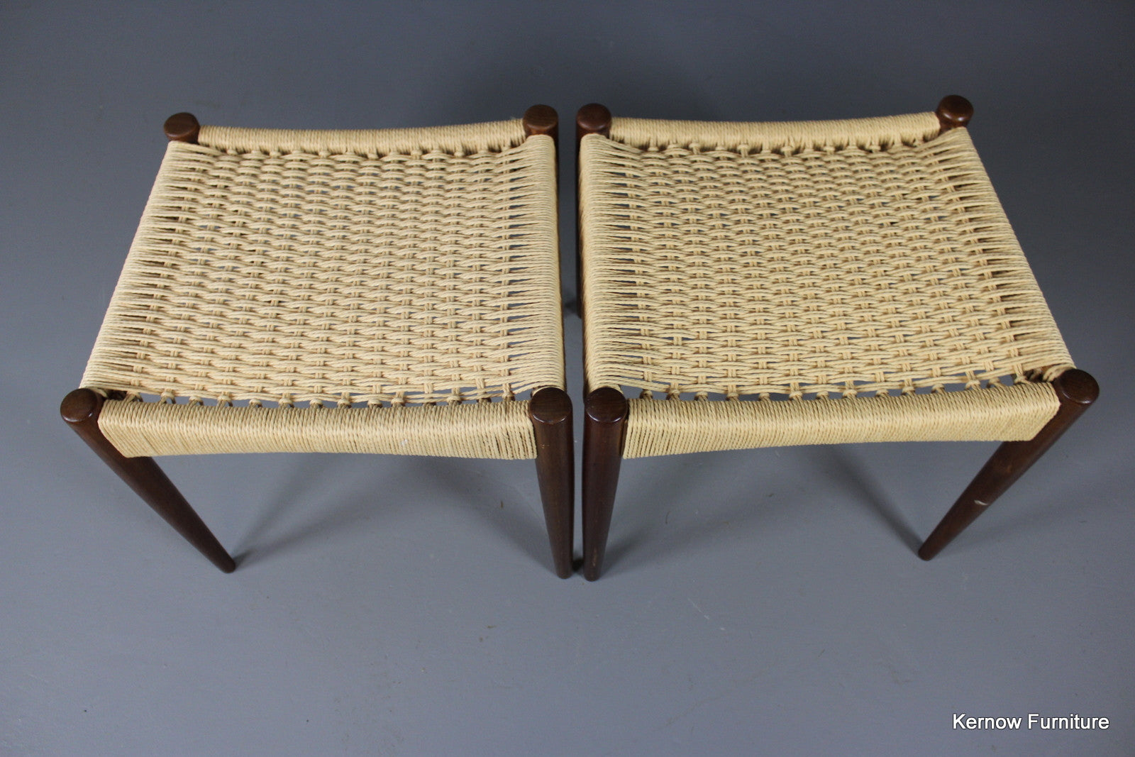 Pair Danish Teak Paper Cord Stools - Kernow Furniture