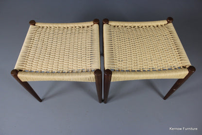 Pair Danish Teak Paper Cord Stools - Kernow Furniture